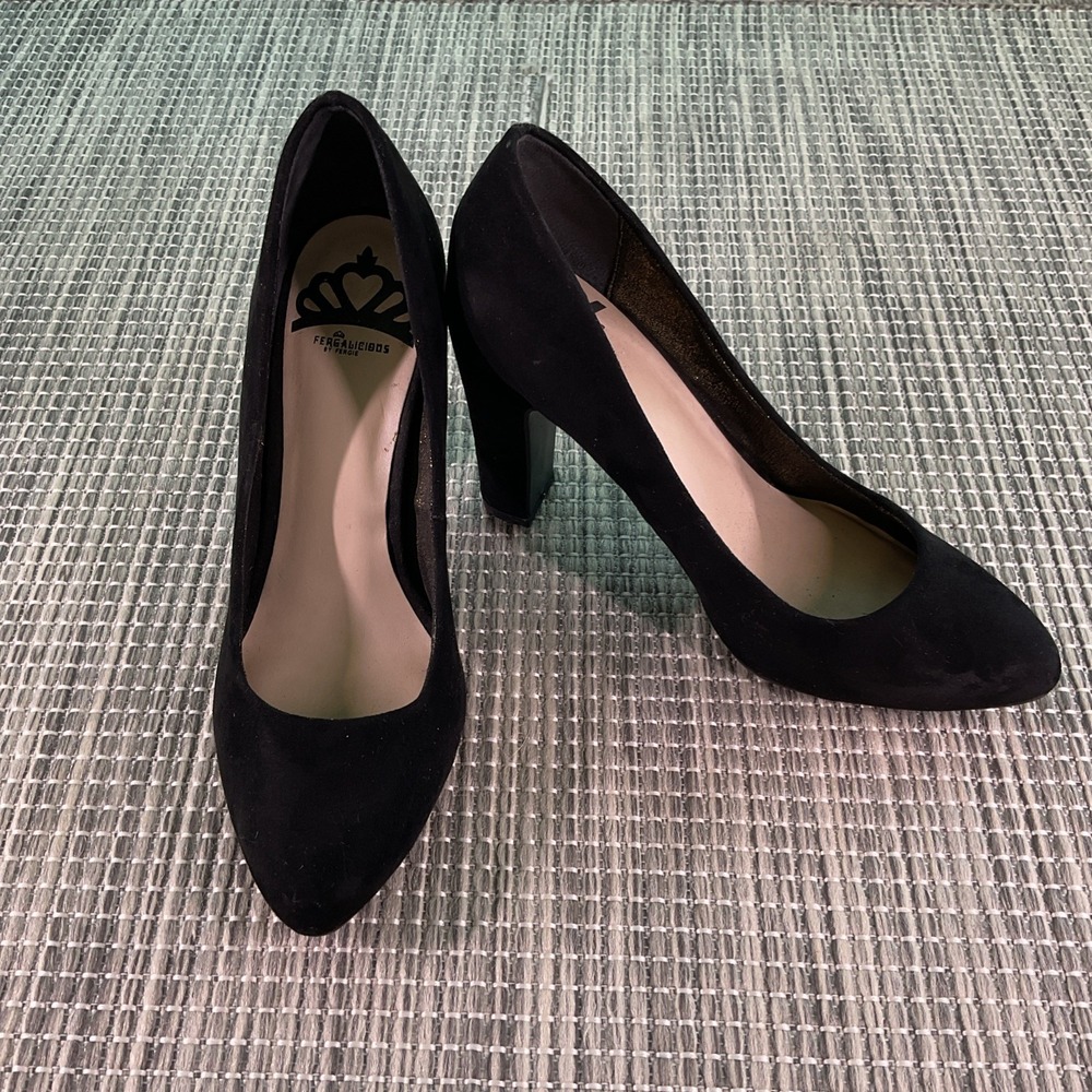 Fergalicious by Fergie Black Suede Pointed Toe Block Heel Pumps Size 8 M